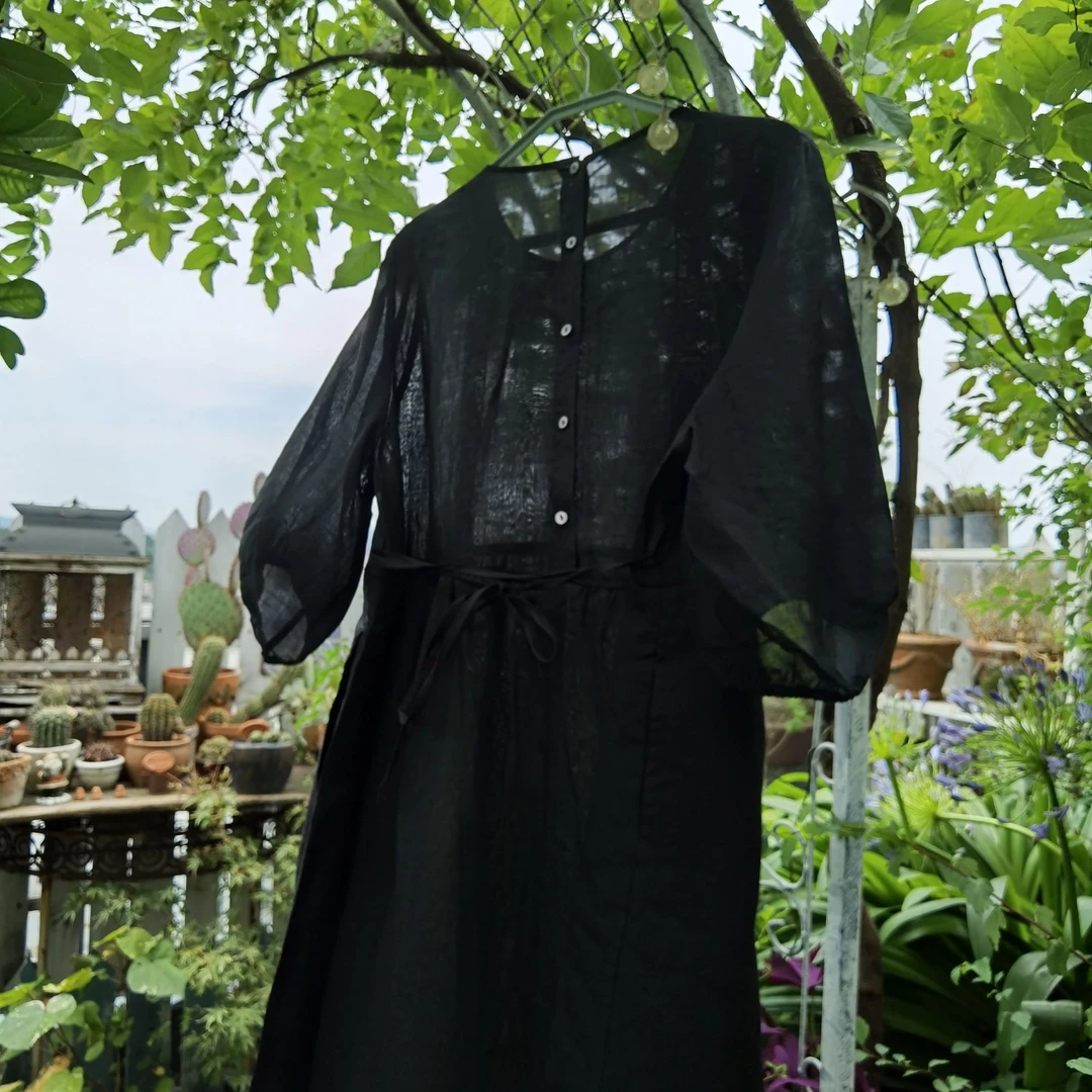 阿俏自留苎麻连衣裙绣花圆领气质显瘦休闲百搭女装连衣裙长款