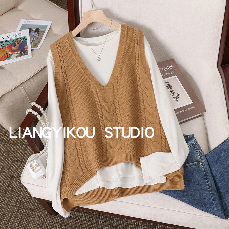 麻花针织马甲背心女士秋装新款2023年A字版宽松洋气毛衣马夹上衣