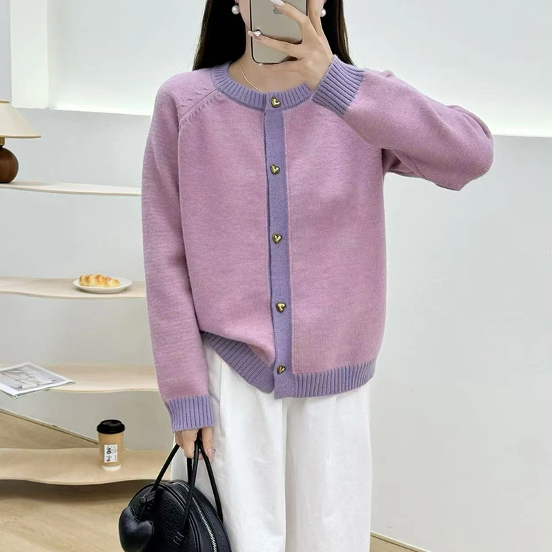 拼色针织衫女开衫春装新款时尚洋气宽松毛衣外套撞色百搭上衣潮