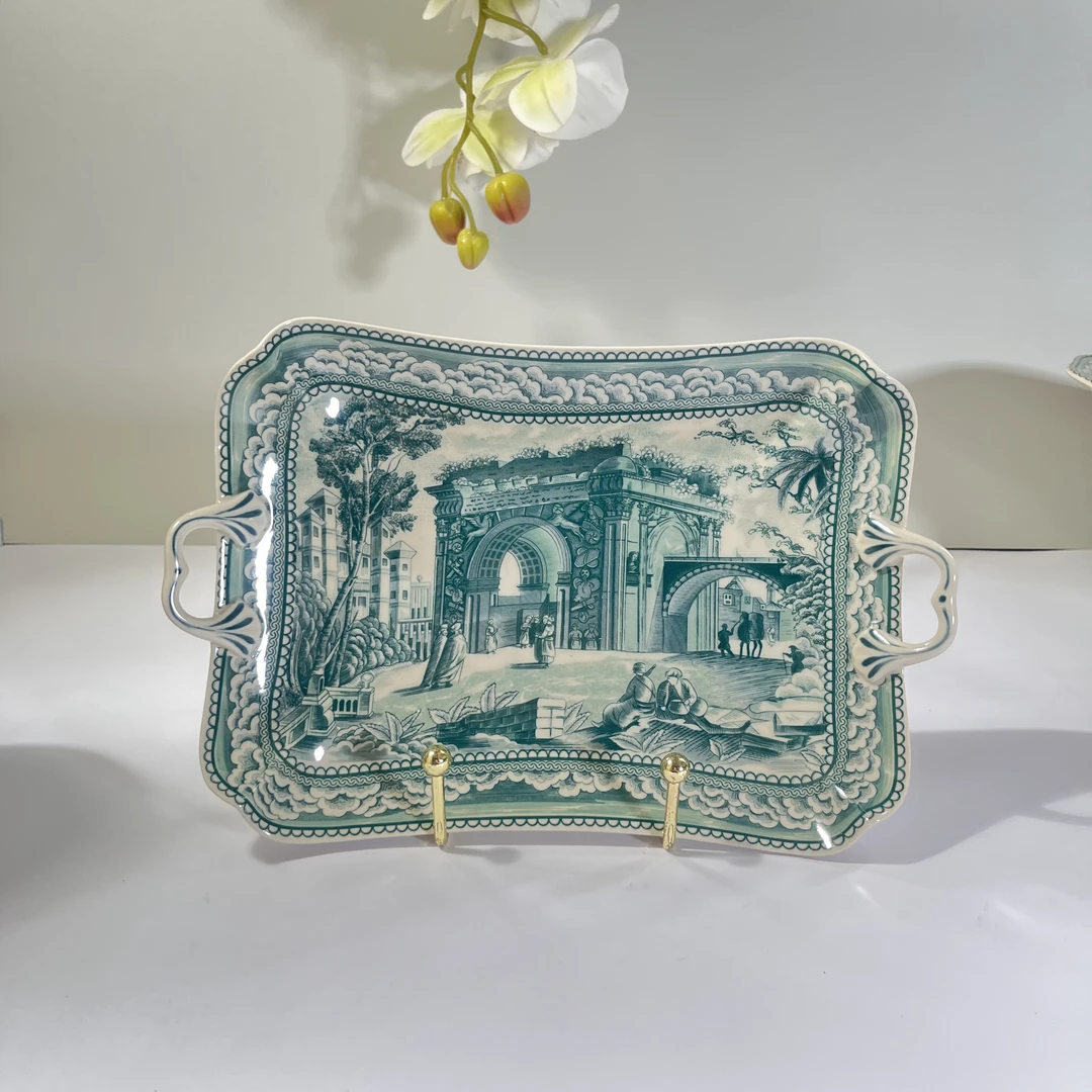 【老瓷】A3774 墙与树 如茵 25.3×17cm 双耳托盘  高温瓷釉中狂欢