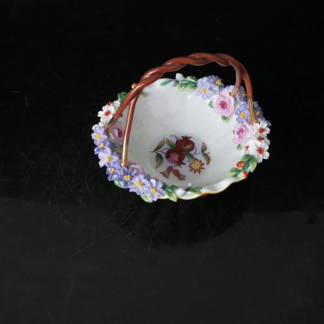 【老货】V53 小号绳子提手寄花花篮 14*10.5cm 高温瓷 高货手绘陶瓷