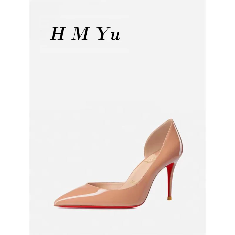 2024职业红底裸色红底尖头细跟鞋漆皮侧空性感漆皮百搭气质高跟鞋