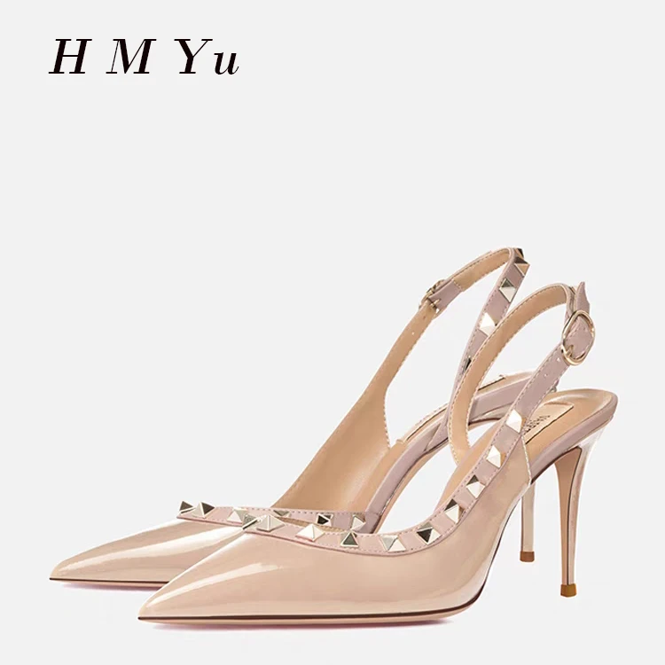 2024年新款夏季V家黑色铆钉高跟鞋女细跟尖头柳丁一字带包头凉鞋