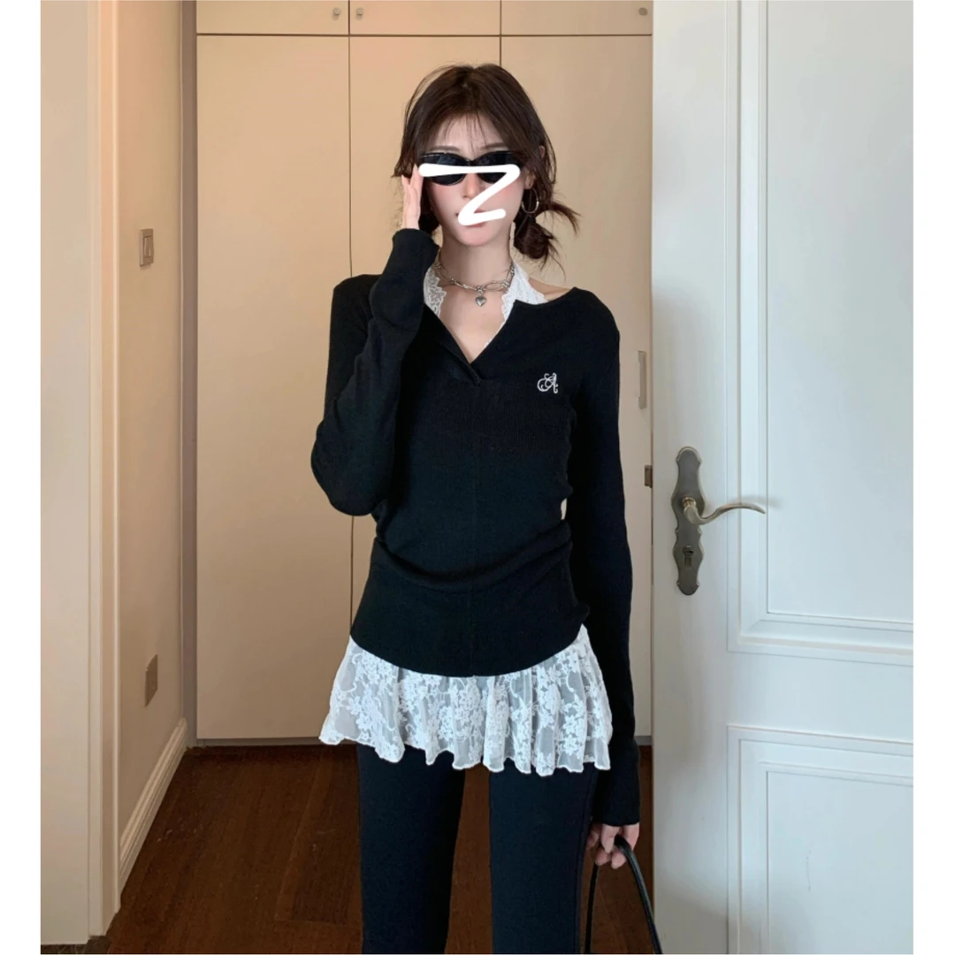 秋季辣妹v领蕾丝长袖T恤女纯欲风紧身内搭打底衫显身材修身上衣女