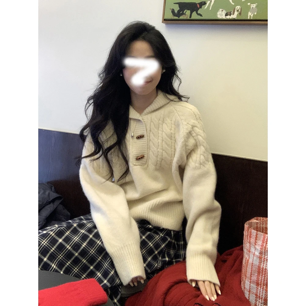 秋季新款复古圣诞氛围感牛角扣连帽麻花编织毛衣宽松休闲上衣女