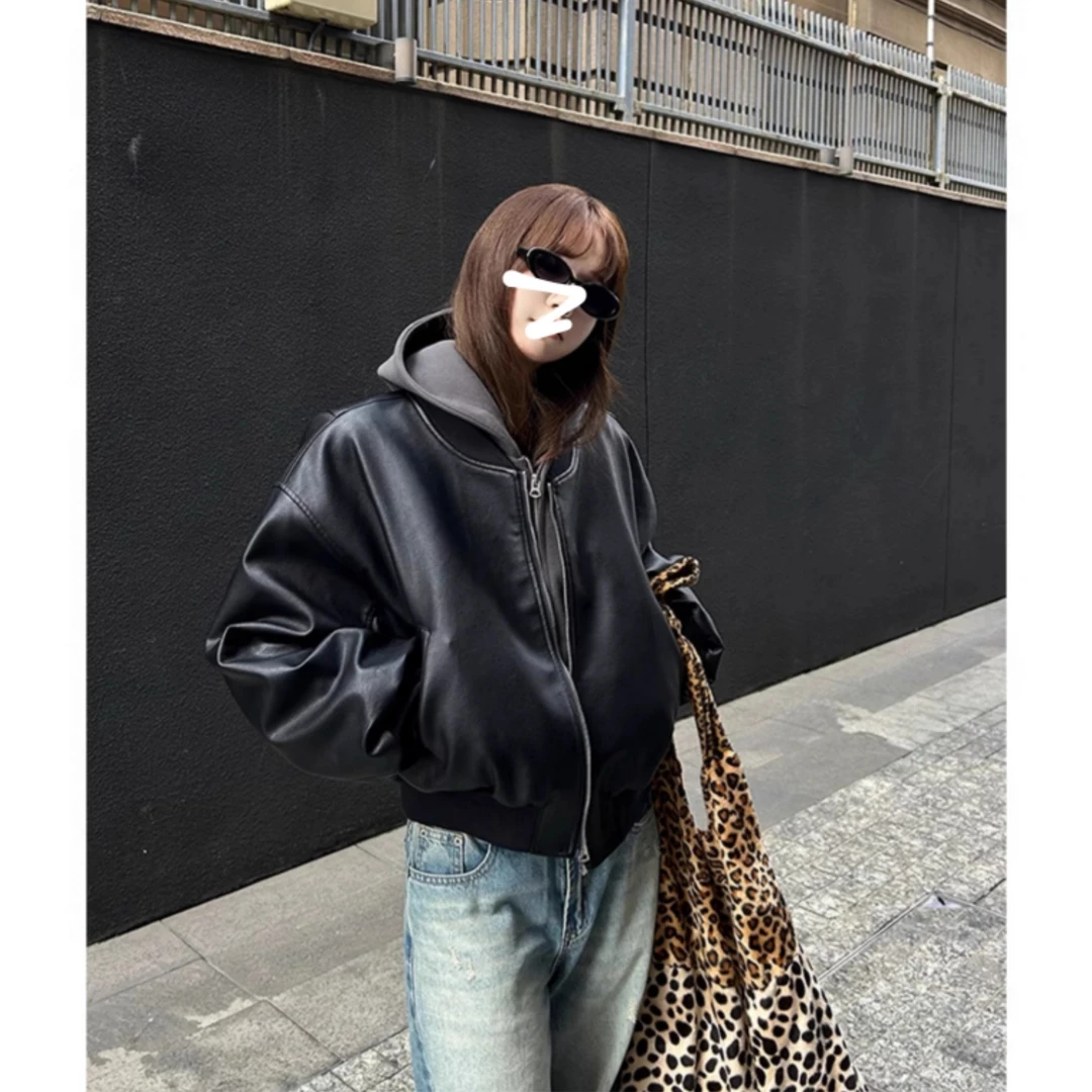 秋冬韩版短款黑色百搭美式夹棉加厚pu皮衣夹克拉链外套上衣女