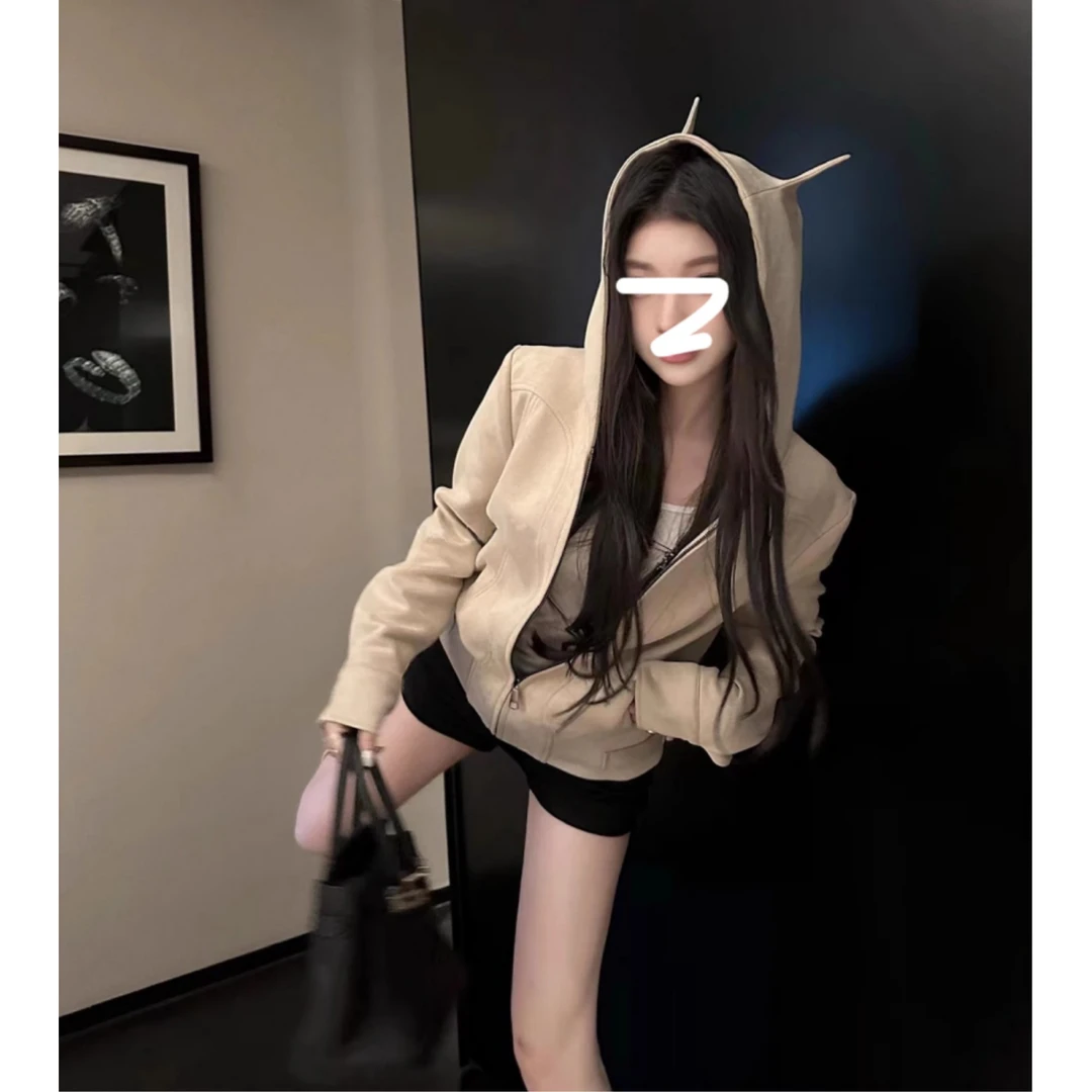 设计感小恶魔美式时尚复古鹿皮绒长袖夹克上衣女秋连帽短款外套女