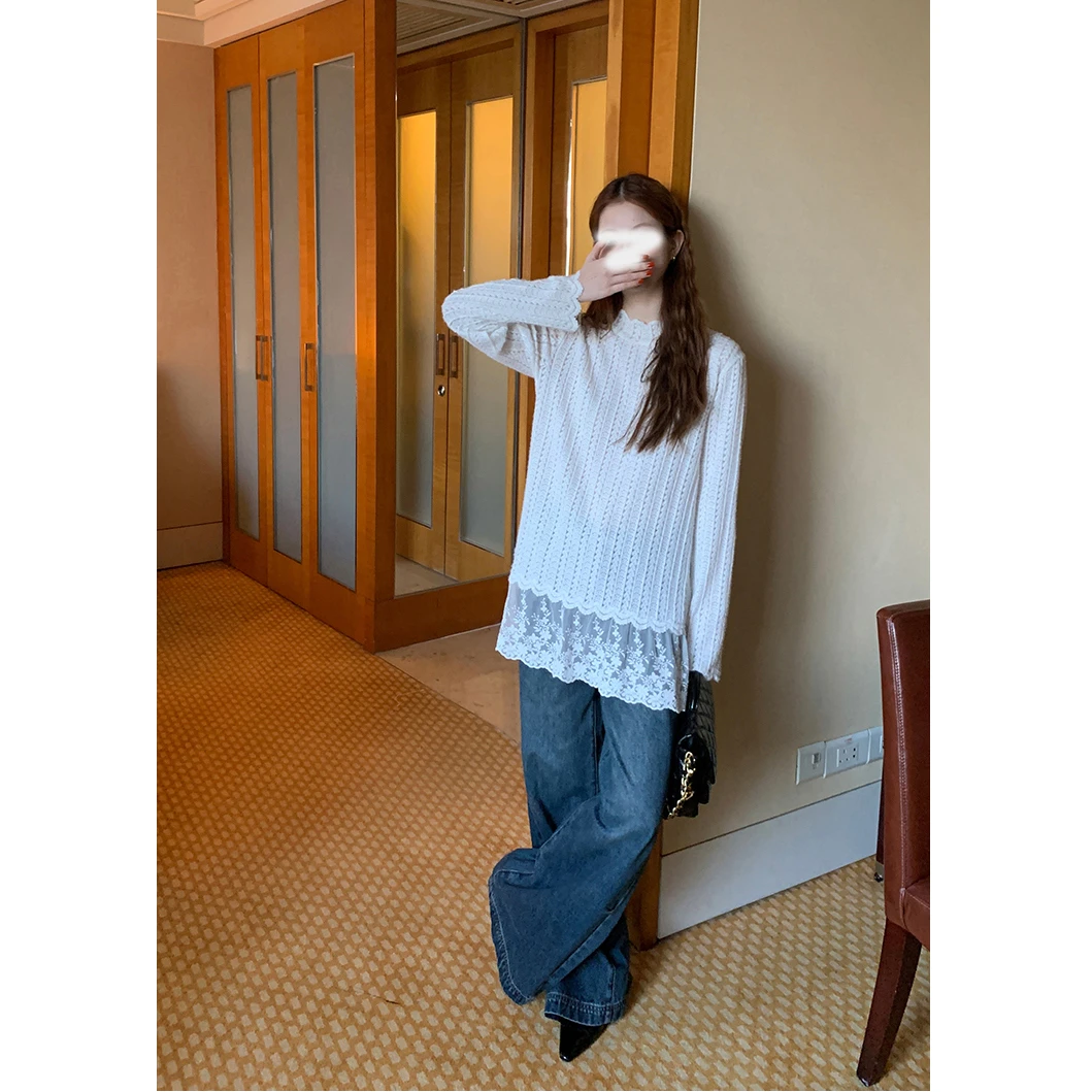 百搭白色打底衫新款秋冬高级感复古小众长袖T恤蕾丝衫内搭上衣女