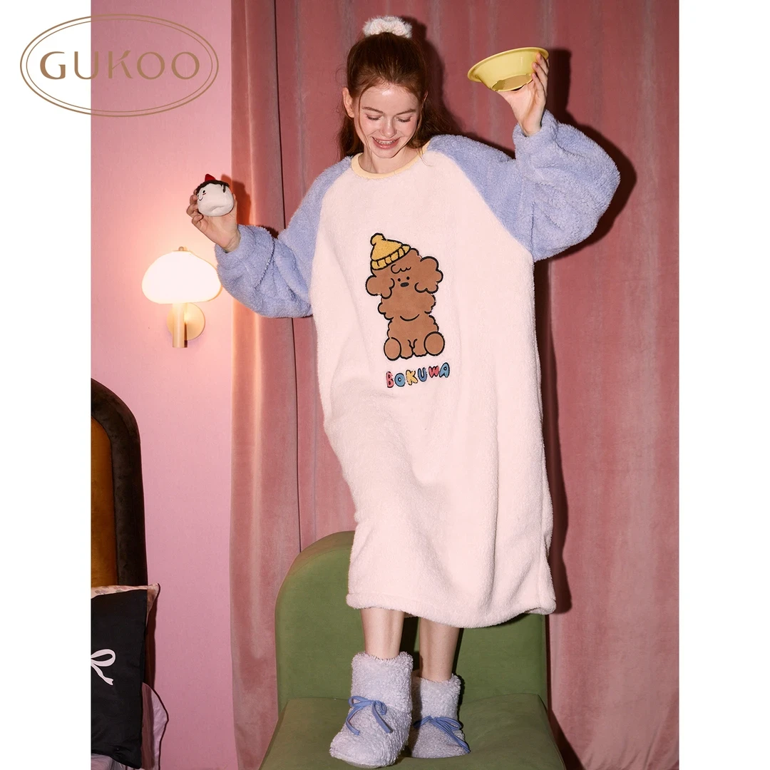 Gukoo果壳秋冬双面北极绒保暖柔软牛奶绒宽松女式家居服睡裙
