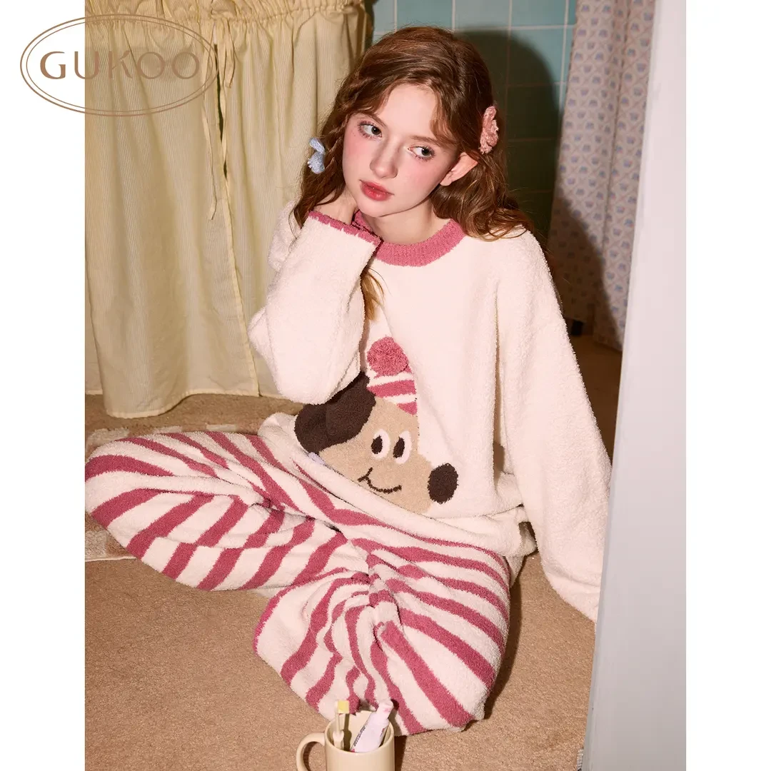 Gukoo/果壳轰轰小狗冬款雪尼尔睡衣家居服套装加厚保暖甜美