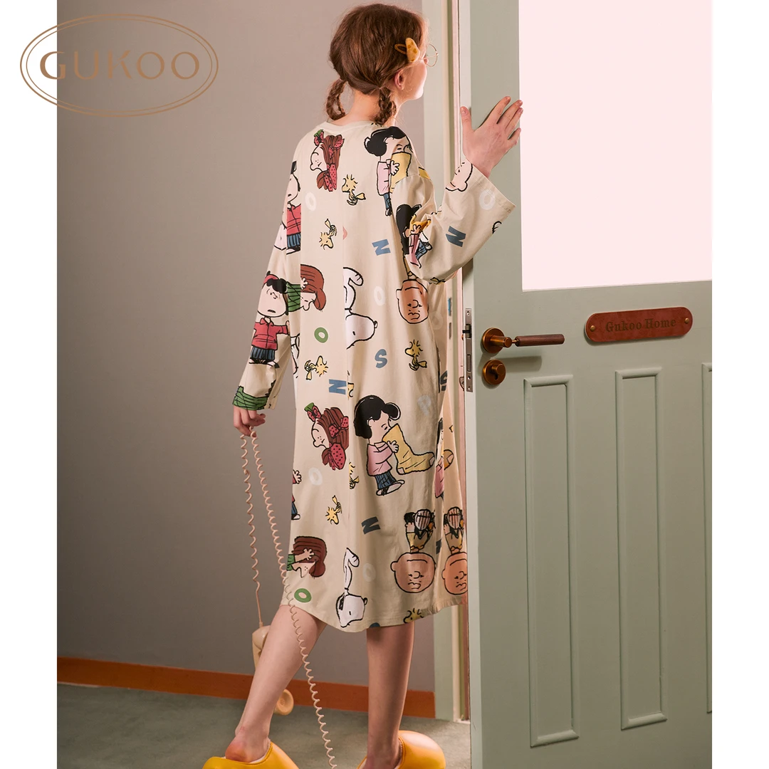 Gukoo/果壳史努比秋季两色卡通圆领套头薄款家居服睡裙