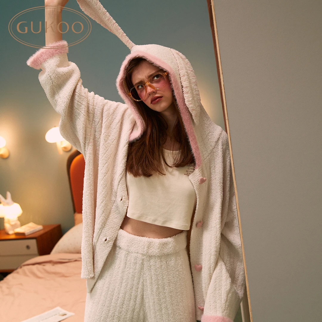 【皓然专属】Gukoo果壳冬季半边绒兔子新款毛绒长袖女家居服套装