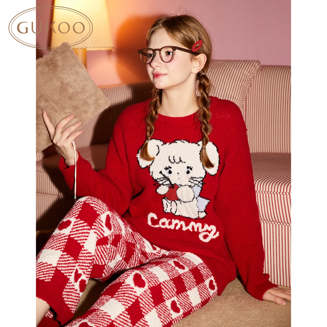 Gukoo/果壳mikko系列雪尼尔冬款家居服套装红色睡衣加厚