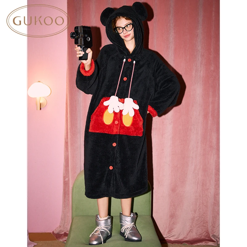 Gukoo果壳迪士尼米奇联名秋冬北极绒加绒加厚家居服保暖连帽睡袍