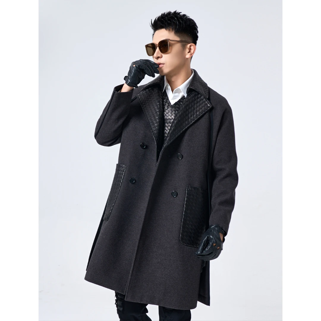 言吉男装设计感翻领秋装毛呢大衣高端羊皮拼接薄棉风衣YJMD8236