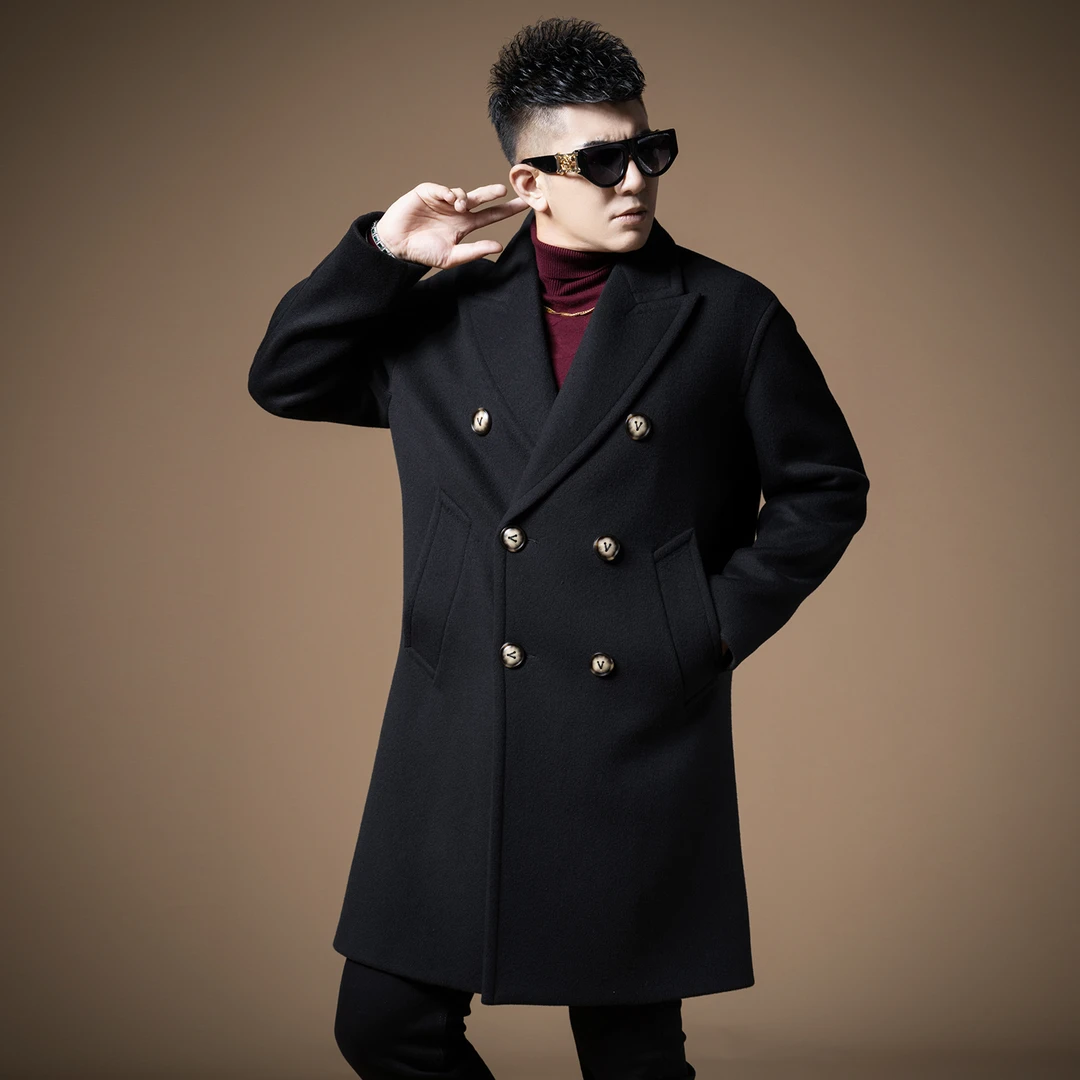 言吉男装双排扣羊毛外套秋冬新款休闲纯色中长款毛呢大衣YJ39506