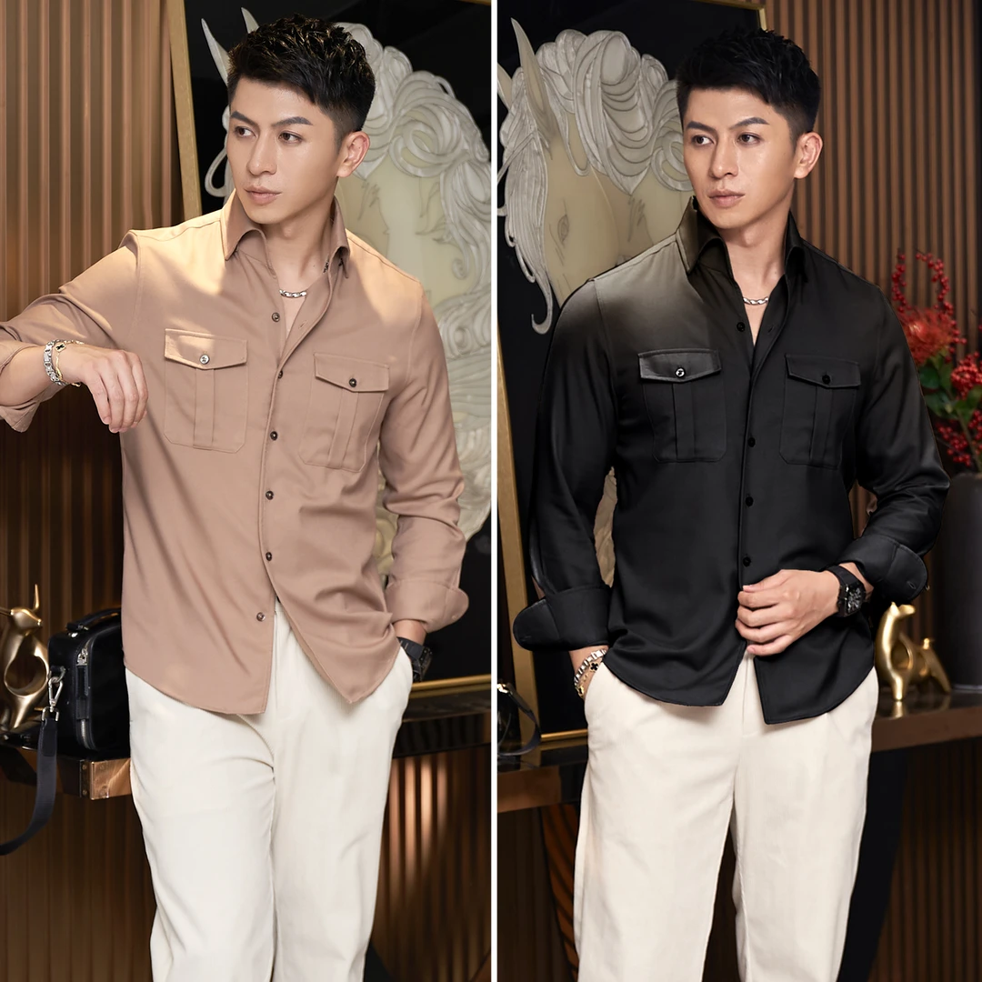 言吉男装秋季新款多口袋衬衫男士高端时尚休闲长袖衬衫YJ13737