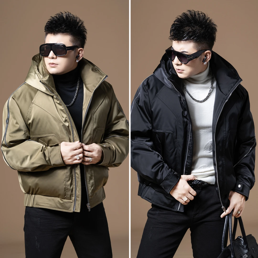 言吉潮流男装纯色白鸭绒外套冬季新款时尚休闲连帽羽绒服YJ8073