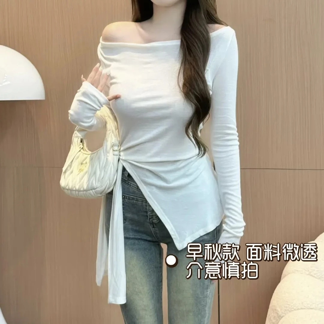 2025新款白色一字领开叉长袖不规则小众百搭修身显瘦绑带收腰上衣