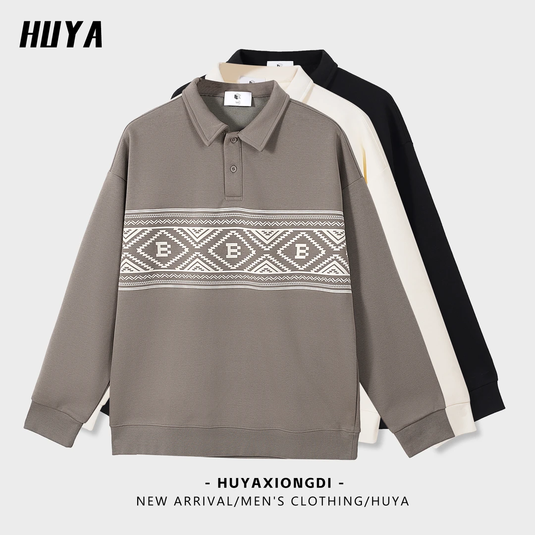 HUYA早秋翻领几何图案设计感男士上衣休闲宽松套头百搭卫衣80009