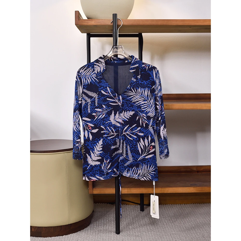 夏新品  双层桑蚕丝网眼抽褶七分袖真 丝T恤