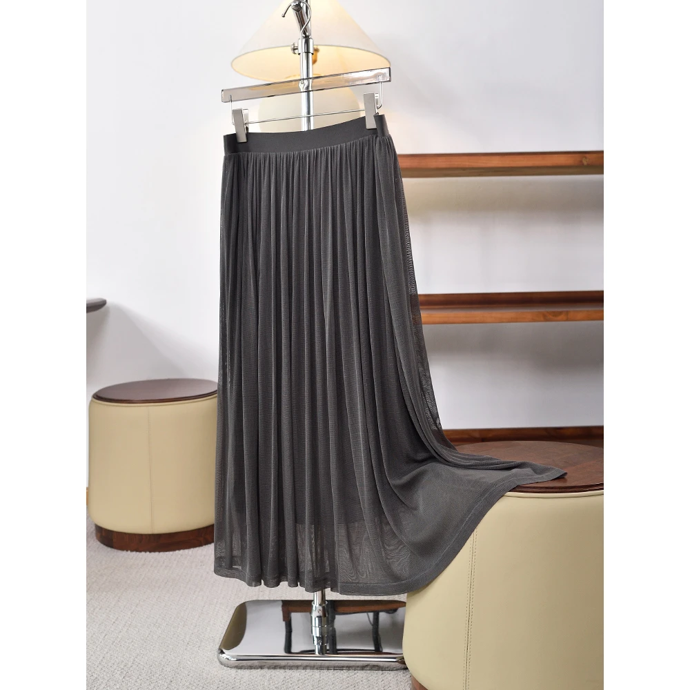 初夏新品 高端重磅双层网眼中长款真丝半身裙女 大裙摆桑蚕丝