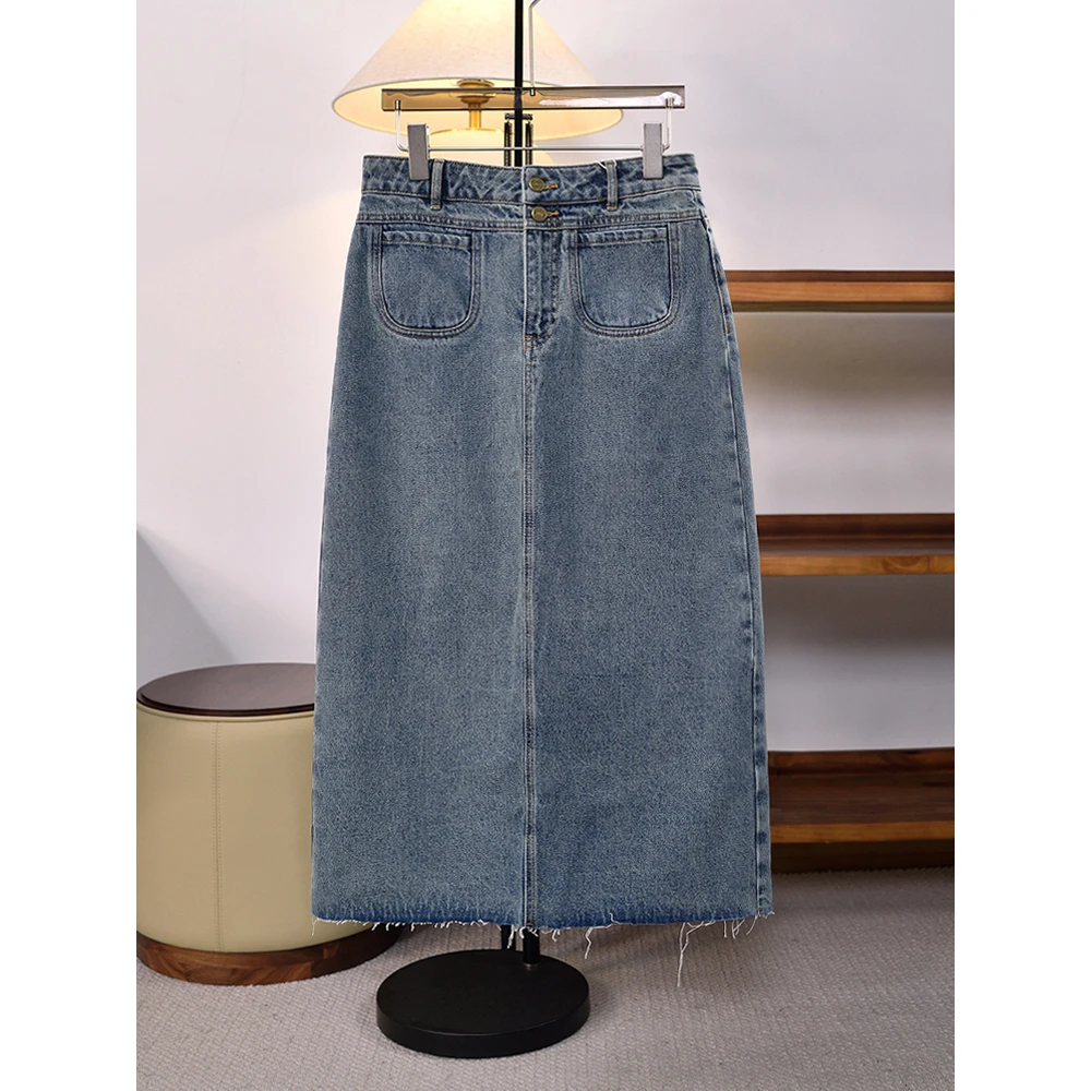复古百搭中长款后开叉牛仔半身裙女
