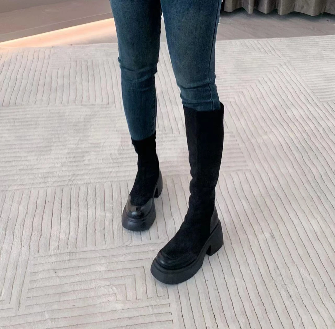 现货慧芝huizhi 绒绒矮子乐 弹力瘦瘦靴粗跟防水台马丁靴秋冬女靴