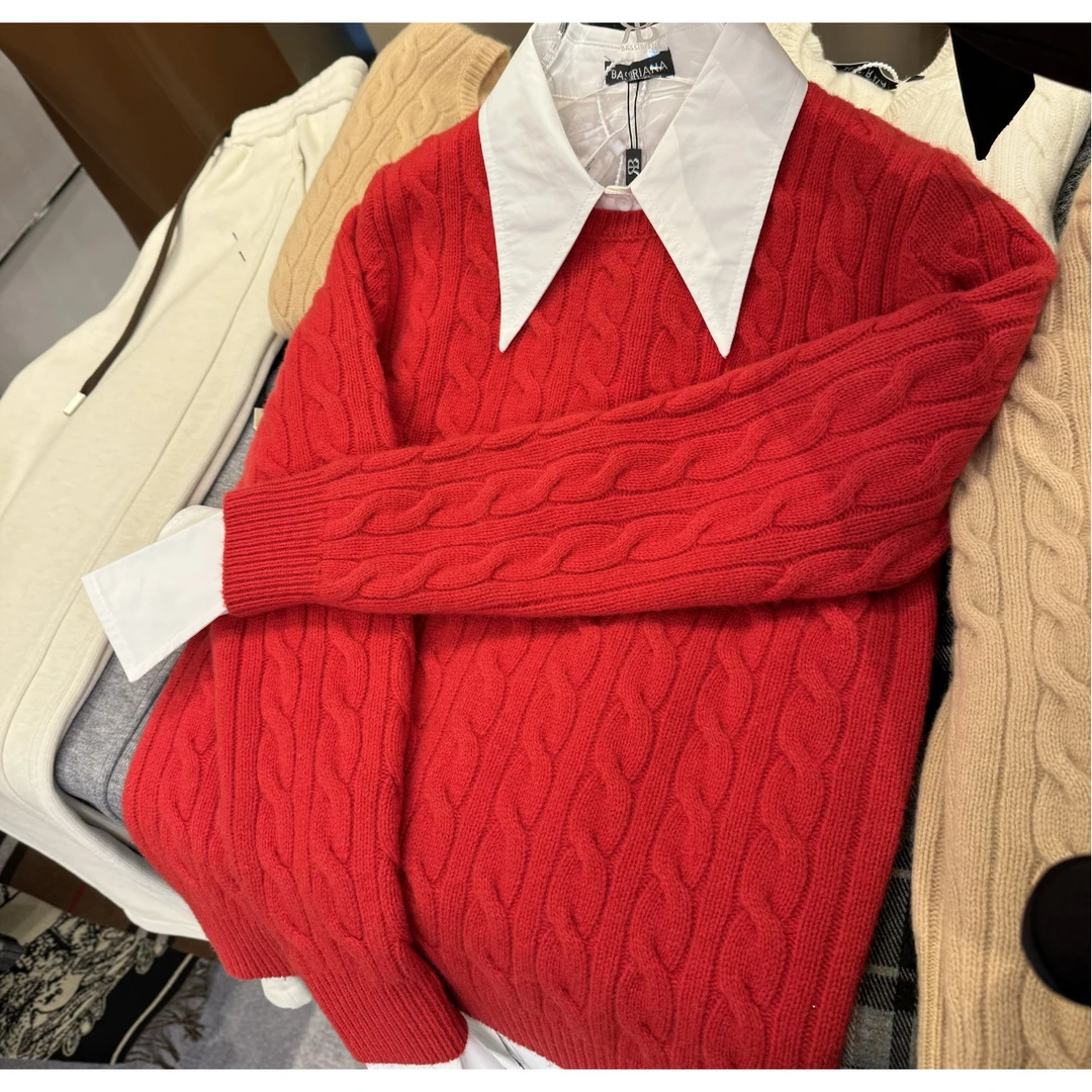 2024新款纯色圆领麻花修身显瘦套头毛衣针织打底衫上衣A219