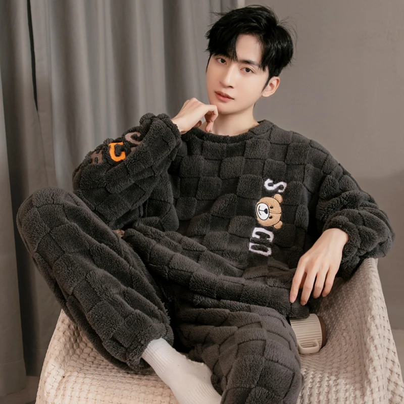 青少年睡衣男士冬天加厚加绒家居服男秋冬季珊瑚绒学生套装加大码