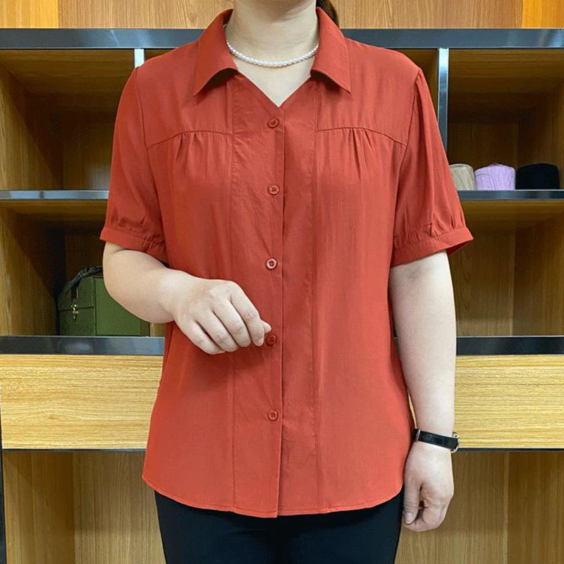 高档中年女士短袖衬衫2025夏季爆款宽松纯色遮肚高品质妈妈装小衫