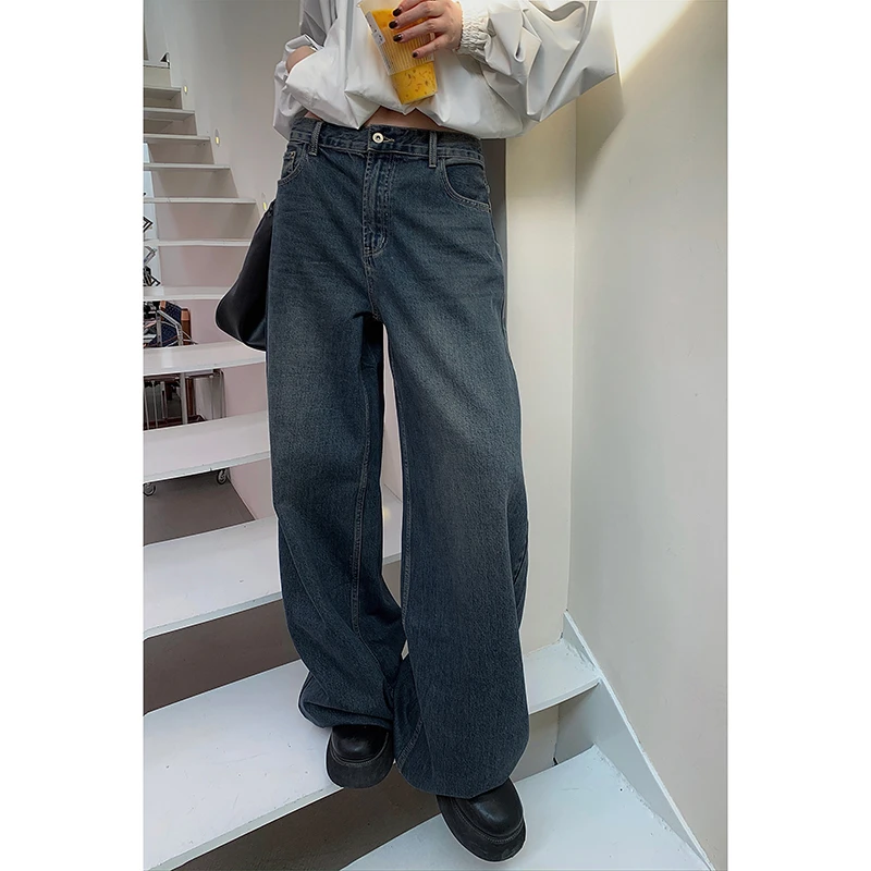 洛边流浪丹宁风小众复古中腰加长牛仔裤秋初秋新款宽松直筒阔腿裤