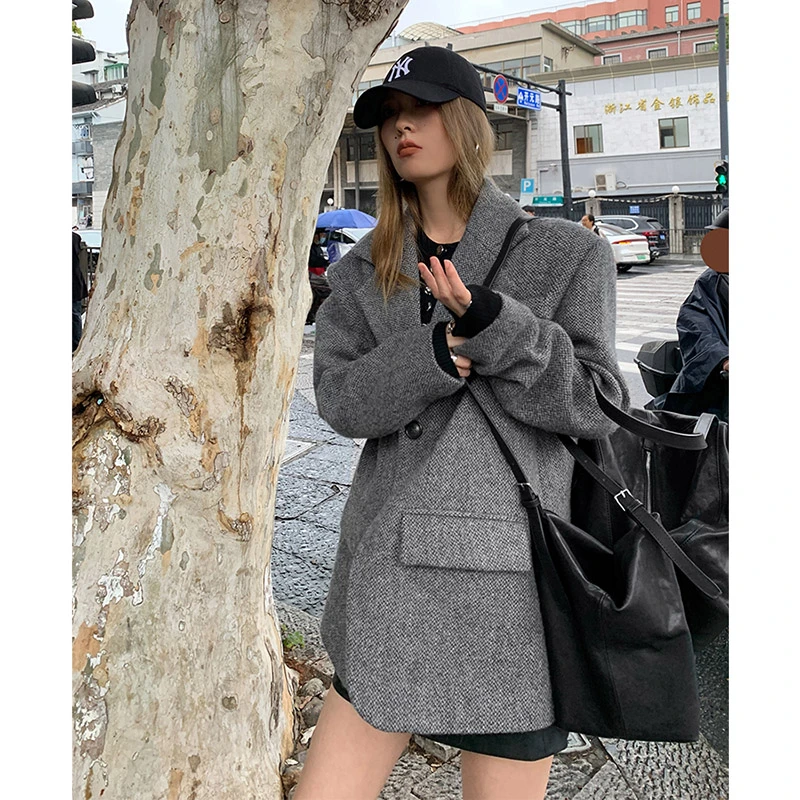 洛边 【冰川灰】100绵羊毛原创设计毛呢西装服秋冬宽松百搭外套