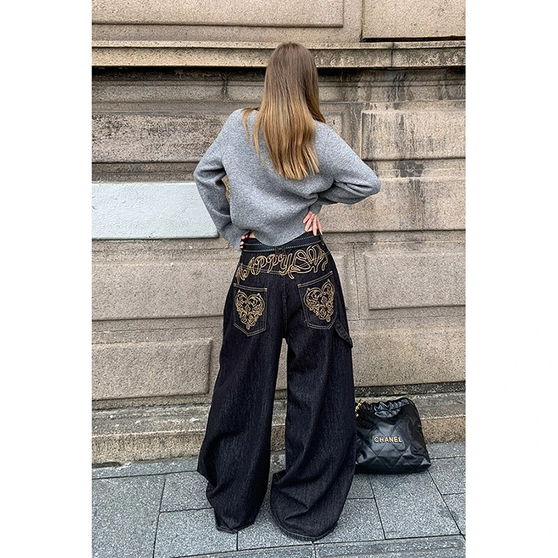 洛边 【生命树】重磅定制刺绣款洗水牛仔裤宽松显瘦复古阔腿裤女