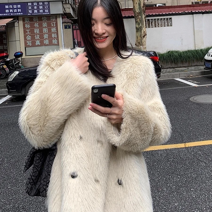洛边 财阀千金仿皮草毛毛外套宽松显瘦韩系毛绒设计感双排扣上衣