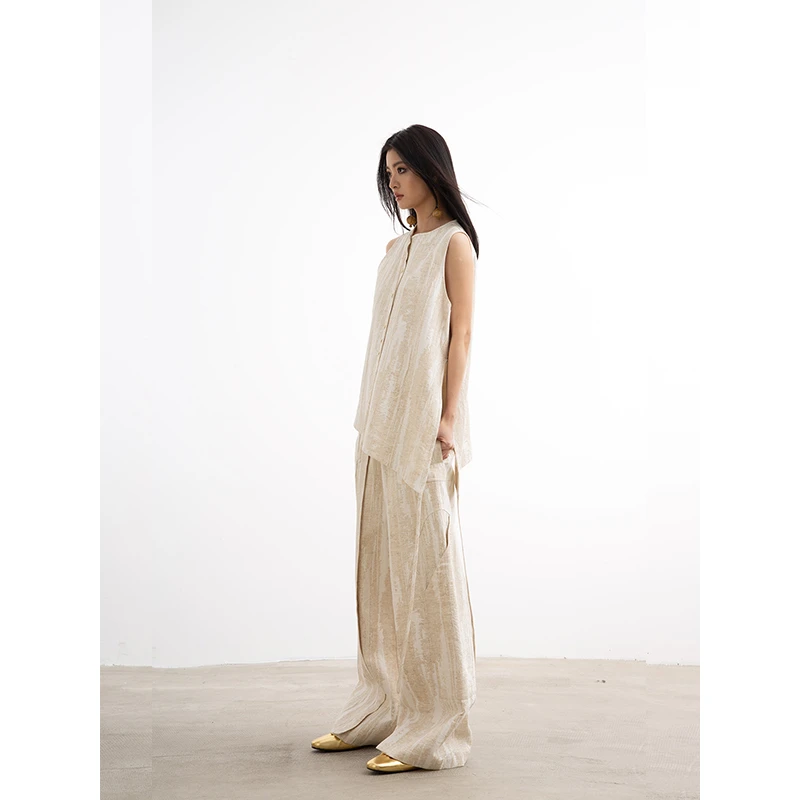 洛边 原创浮雕肌理棉麻套装马甲上衣春夏新款休闲阔腿直筒裤