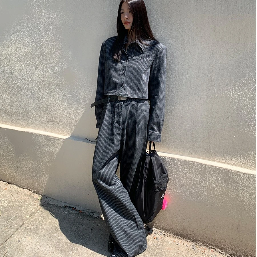 洛边石磨砂洗棉条纹套装衬衫衬衣上衣休闲裤显瘦条纹裤子