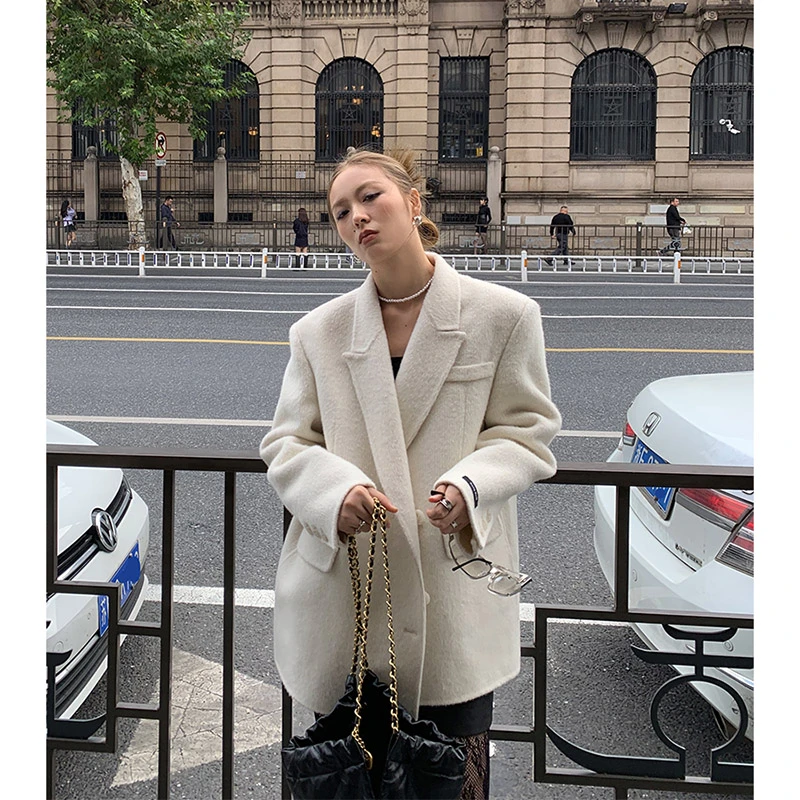 洛边 【清冷冬日】羊驼秋冬双面呢保暖大衣西装服宽松羊毛外套女