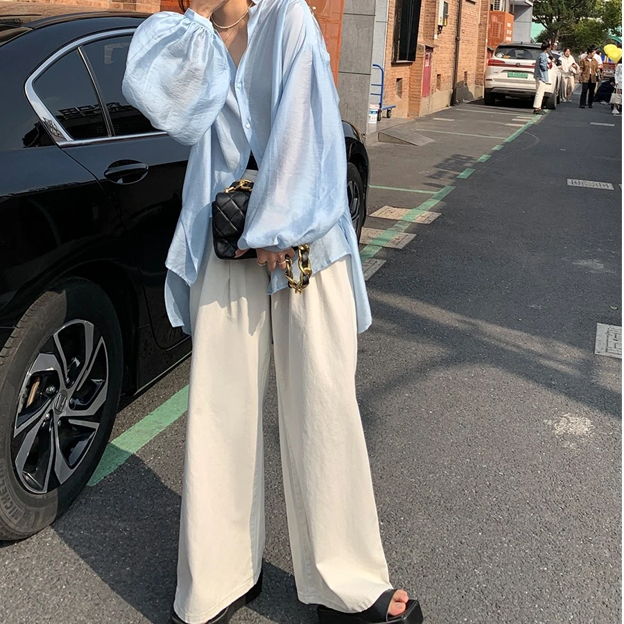 洛边 店长私服！牛仔裤纯色休闲阔腿长裤宽松直筒百搭显瘦显高夏