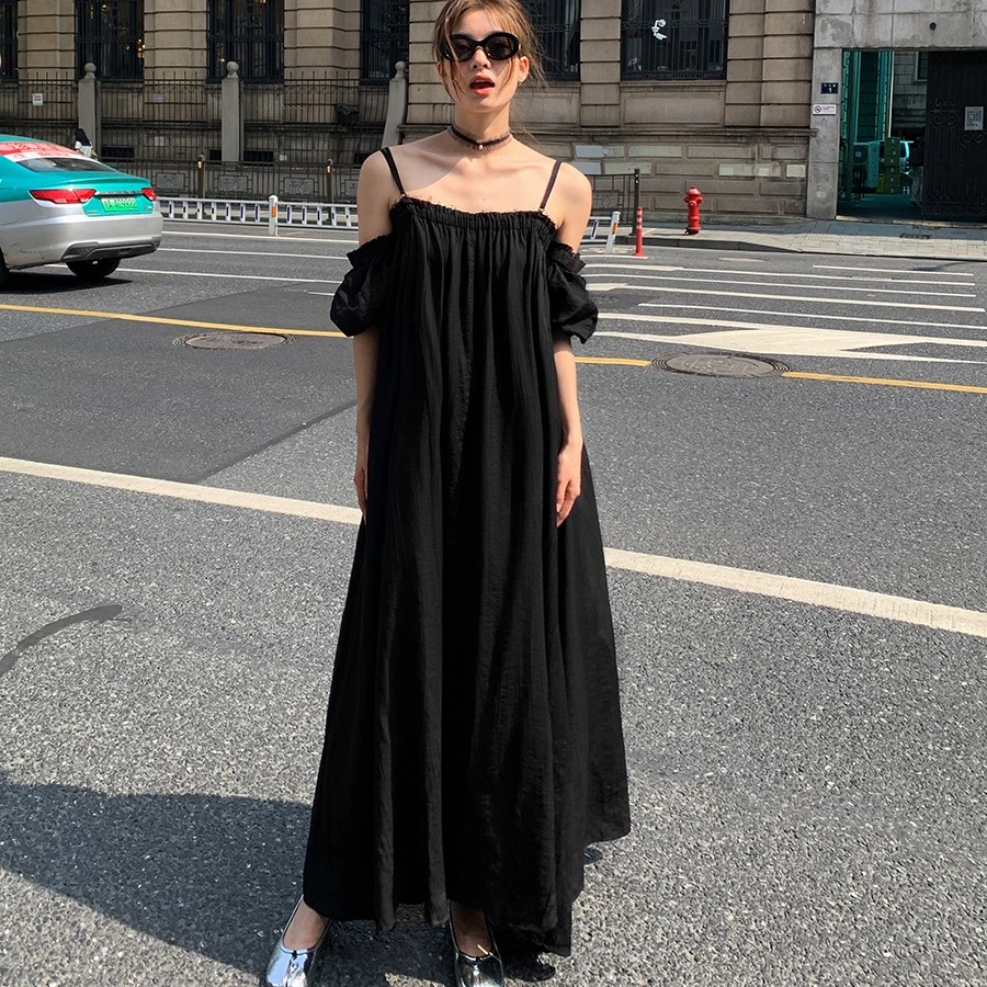 洛边 巨好看！吊带连衣裙宽松过膝长款纯色减龄夏新一字领显瘦女