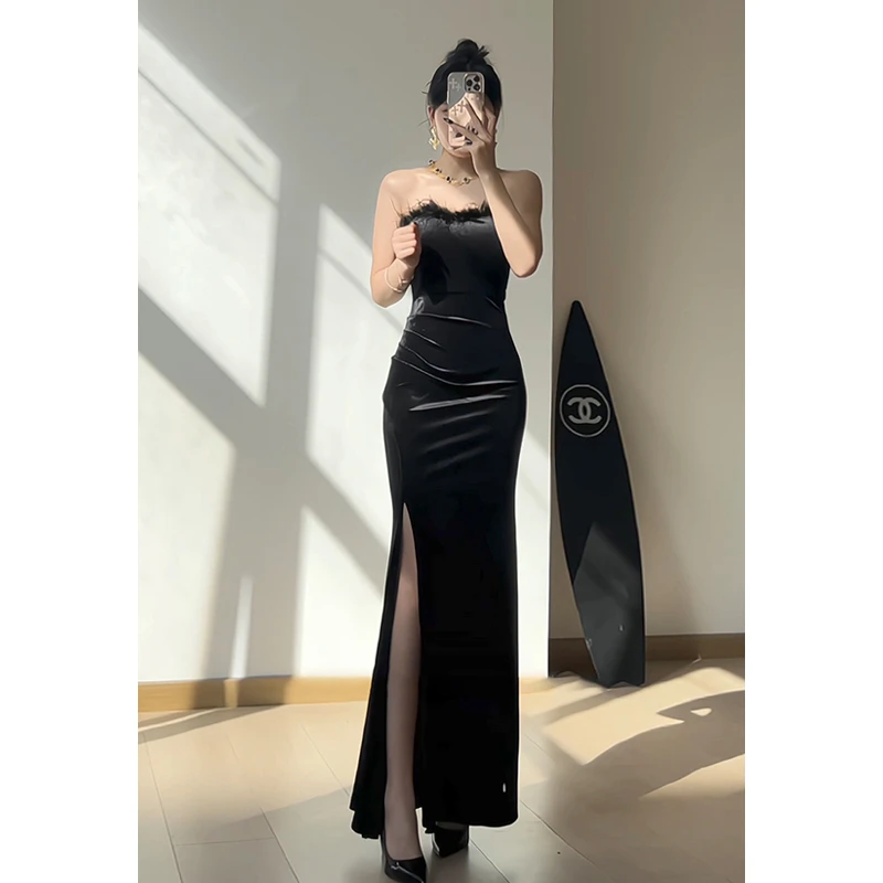 名媛御姐风性感年会晚礼服收腰显瘦开叉丝绒抹胸毛领一字肩连衣裙