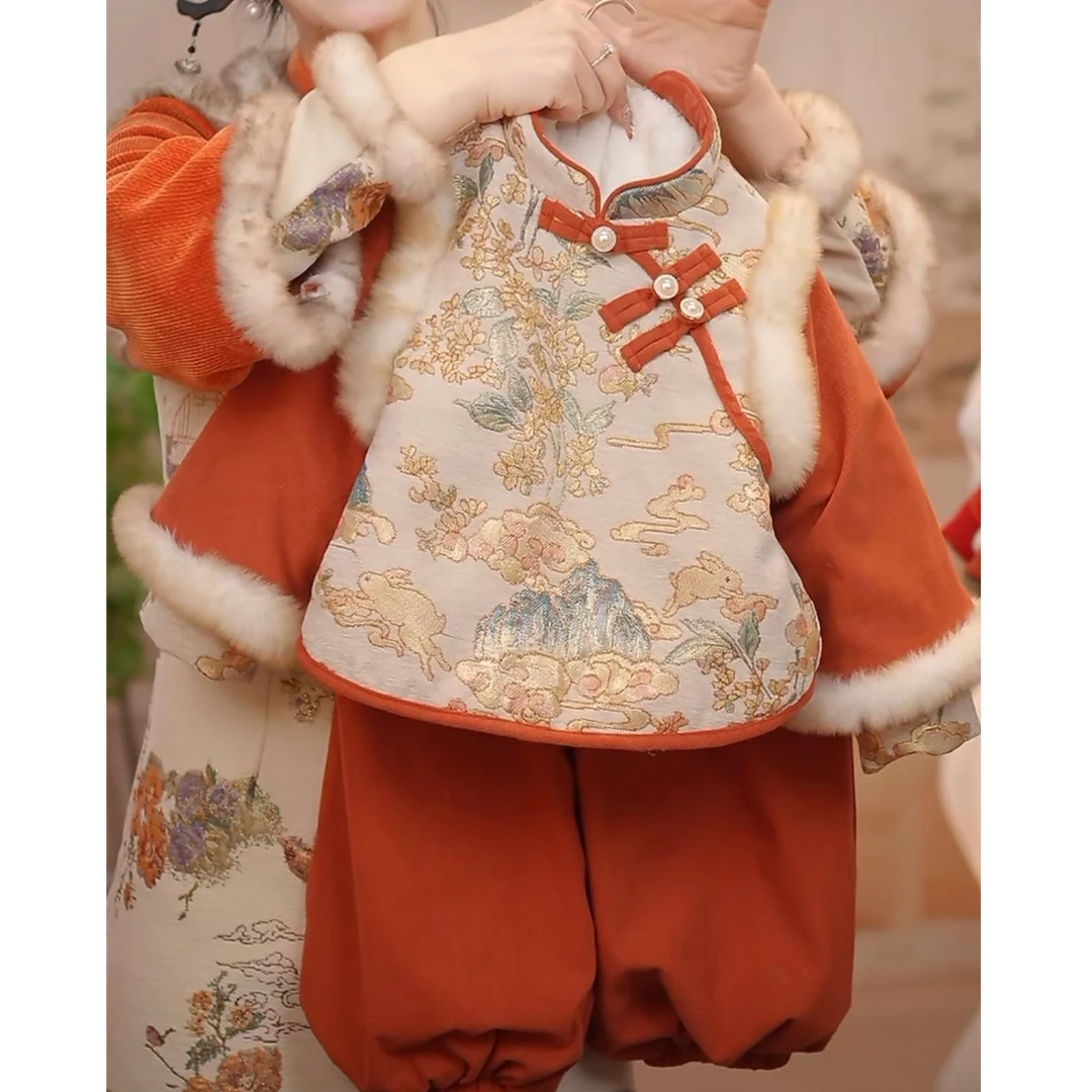 儿童汉服2024新款中国风拜年服女童冬款加绒加厚保暖古装周岁礼服