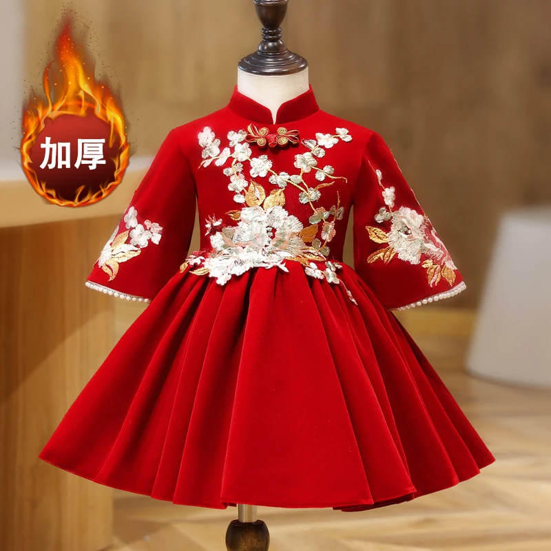 女宝宝周岁礼服洋气公主裙主持人花童婚礼中式唐装连衣裙春夏加厚
