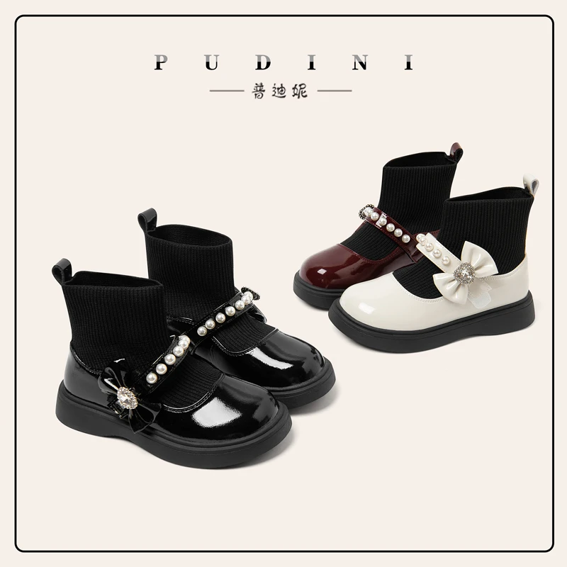 普迪妮女大童靴子秋冬新款百搭纯手工弹力软底保暖加绒 2165-0016