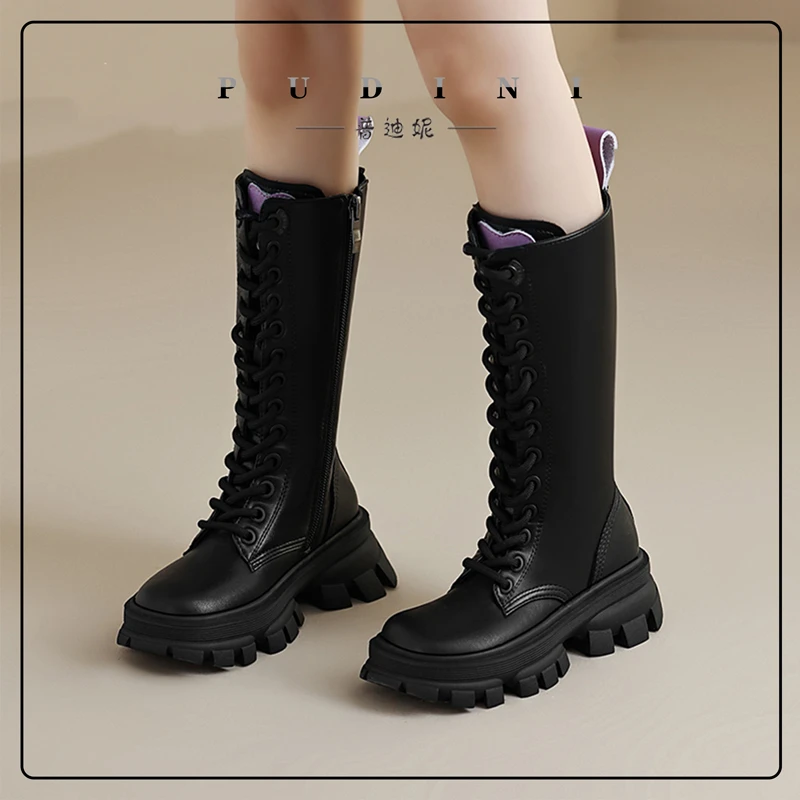 普迪妮女童马丁靴真皮长靴厚底加绒高筒靴保暖儿童皮靴22029-2313