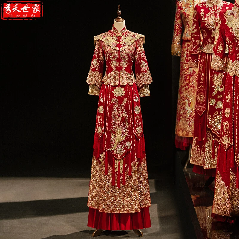 秀禾服新娘2025新款凤冠霞帔中式嫁衣敬酒服龙凤褂披肩礼服030