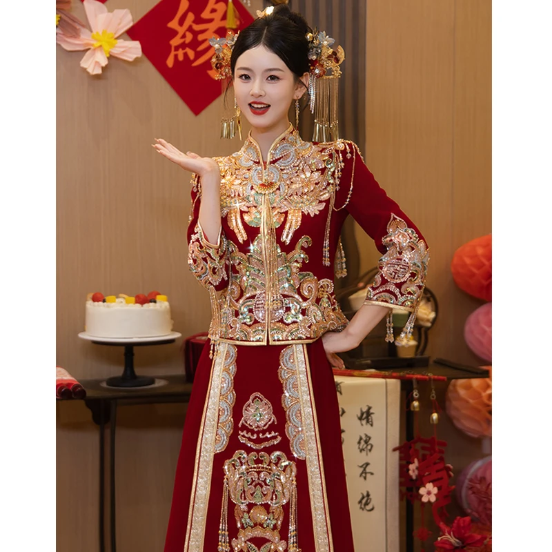 丝绒秀禾服2025新款新娘出阁中式婚服嫁衣重工显瘦婚礼敬酒服790