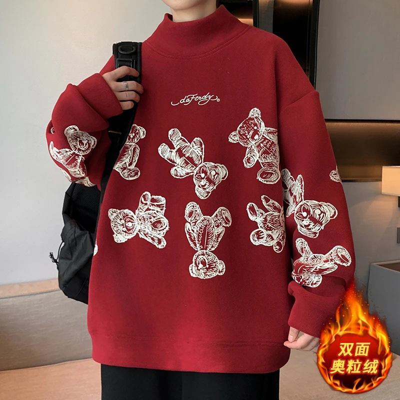 男生秋冬季奥粒绒半高领卫衣青少年学生宽松百搭加绒加厚保暖上衣