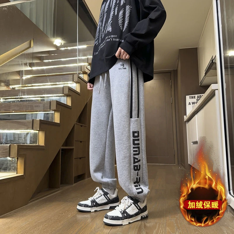 冬季男孩子加绒加厚卫裤青少年学生潮牌束脚裤保暖休闲大童长裤子