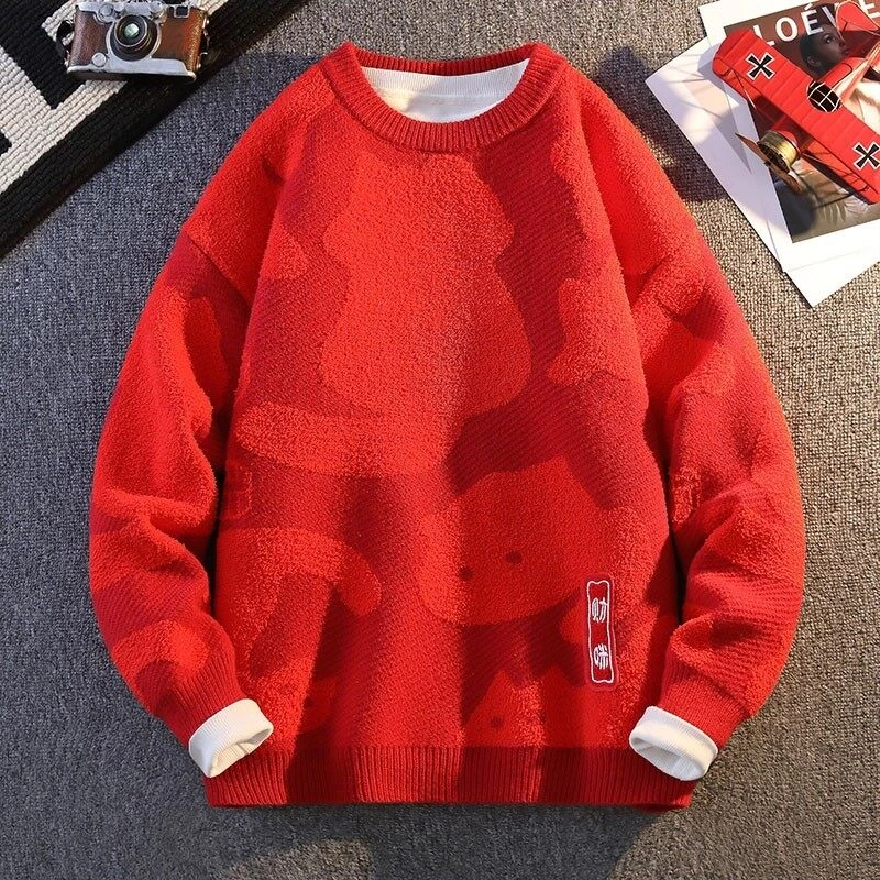 秋冬季男生新年红色圆领打底针织衫青少年学生宽松保暖毛衣冬装男